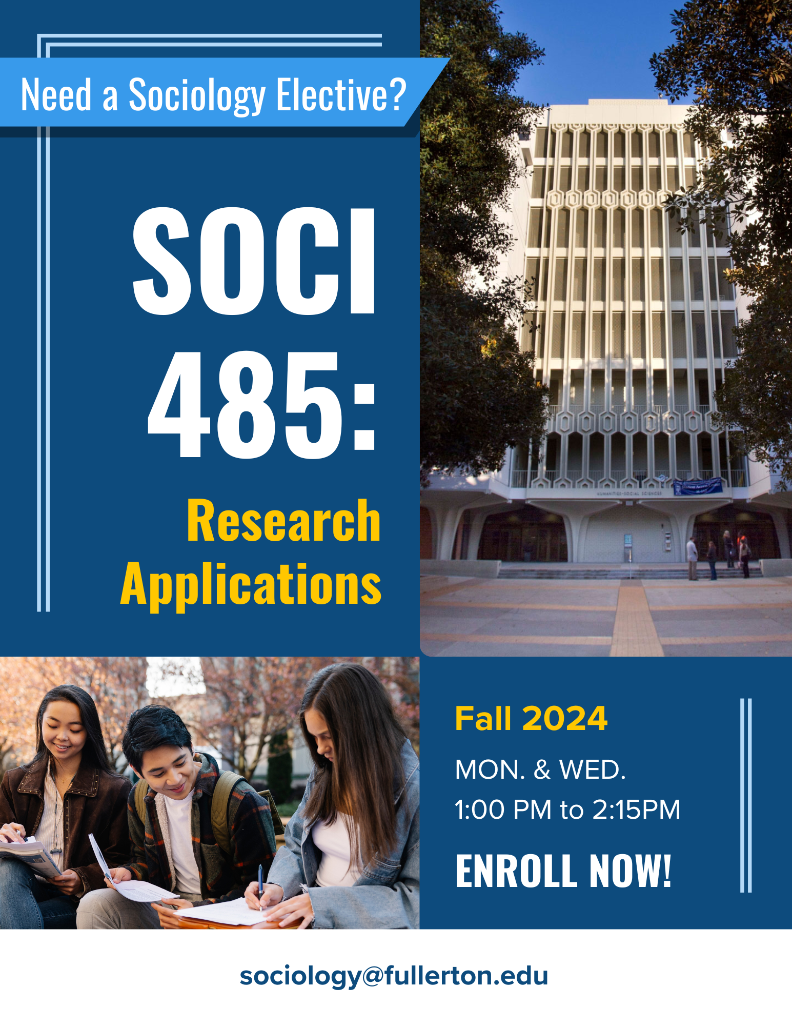 This is a flyer that advitises open enrollment for Sociology 485: Research Applications